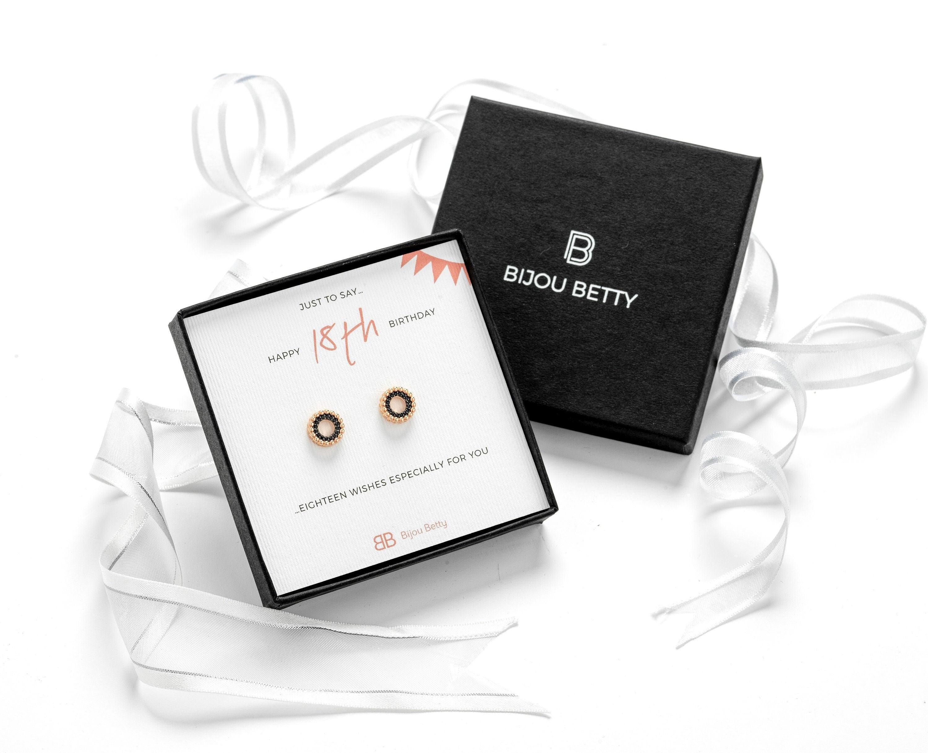Sterling silver 18th birthday earrings in Bijou Betty gift box.