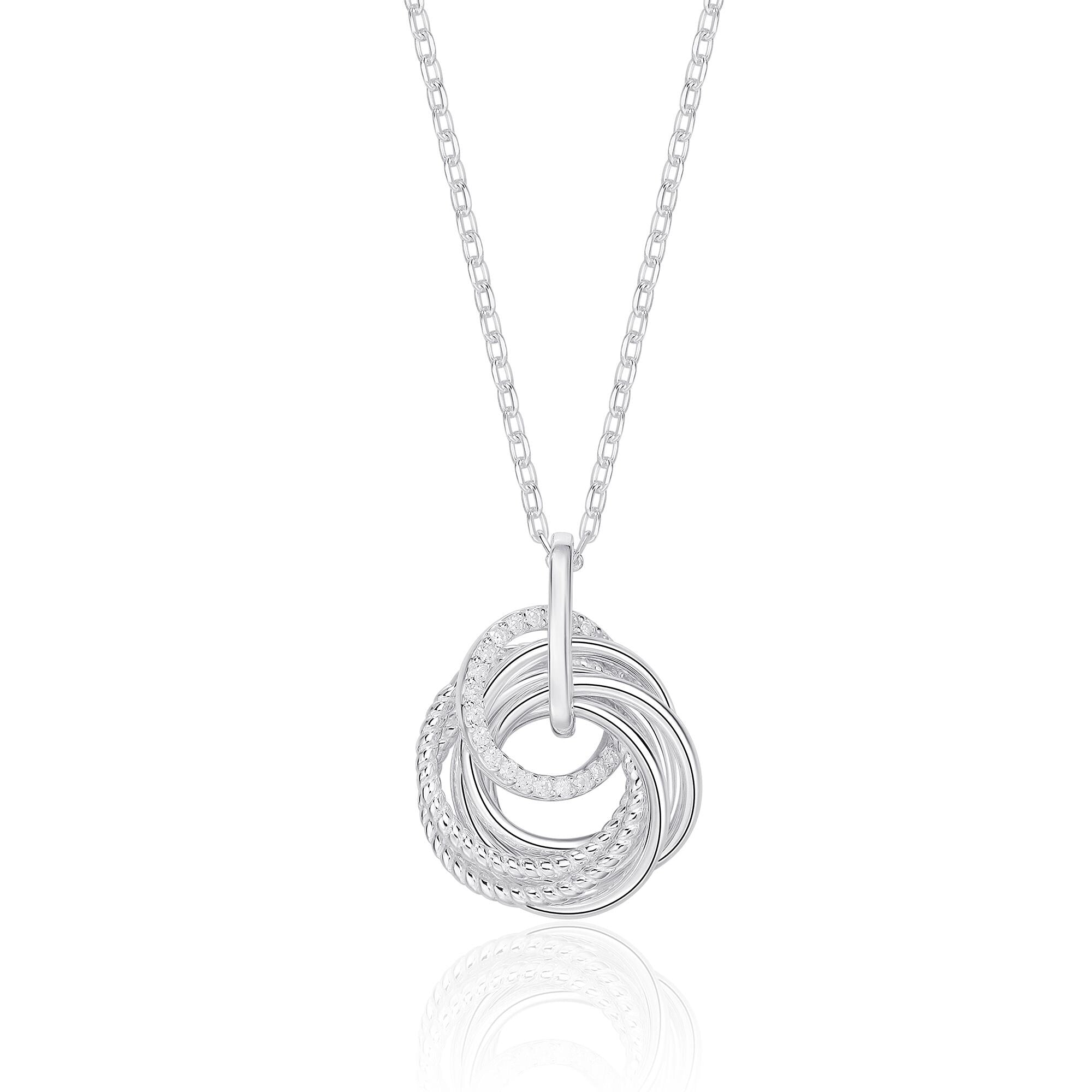 Sterling silver 70th birthday necklace with seven interlinked rings, one with cubic zirconia.