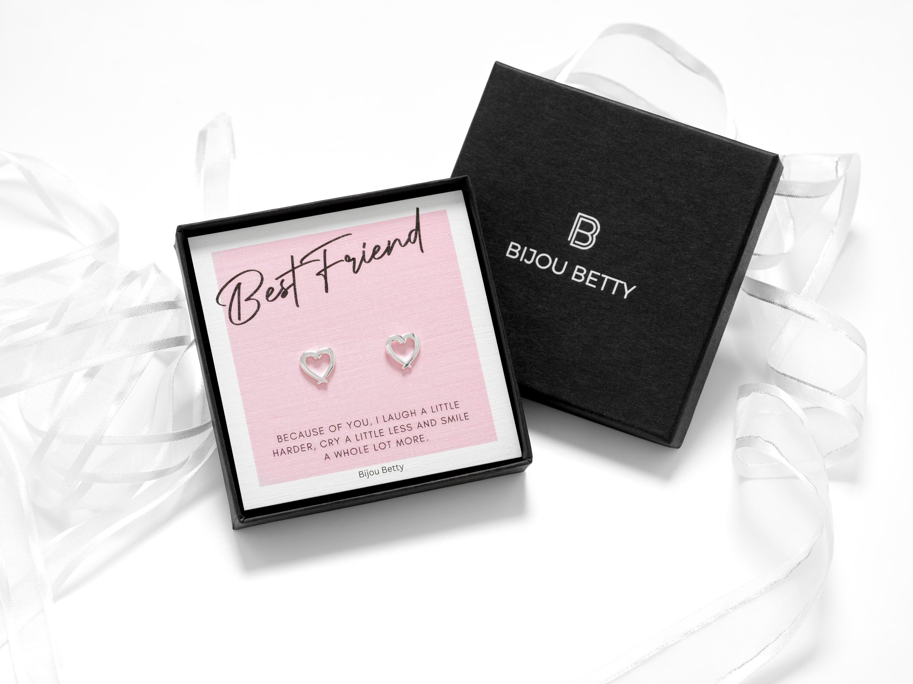 Sterling silver best friend earrings, 10mm heart studs, 925 silver, gift for friend, in Bijou Betty gift box.