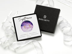 14k gold-plated 6.5mm Sagittarius zodiac stud earrings with CZ in Bijou Betty gift box with Sagittarius card.