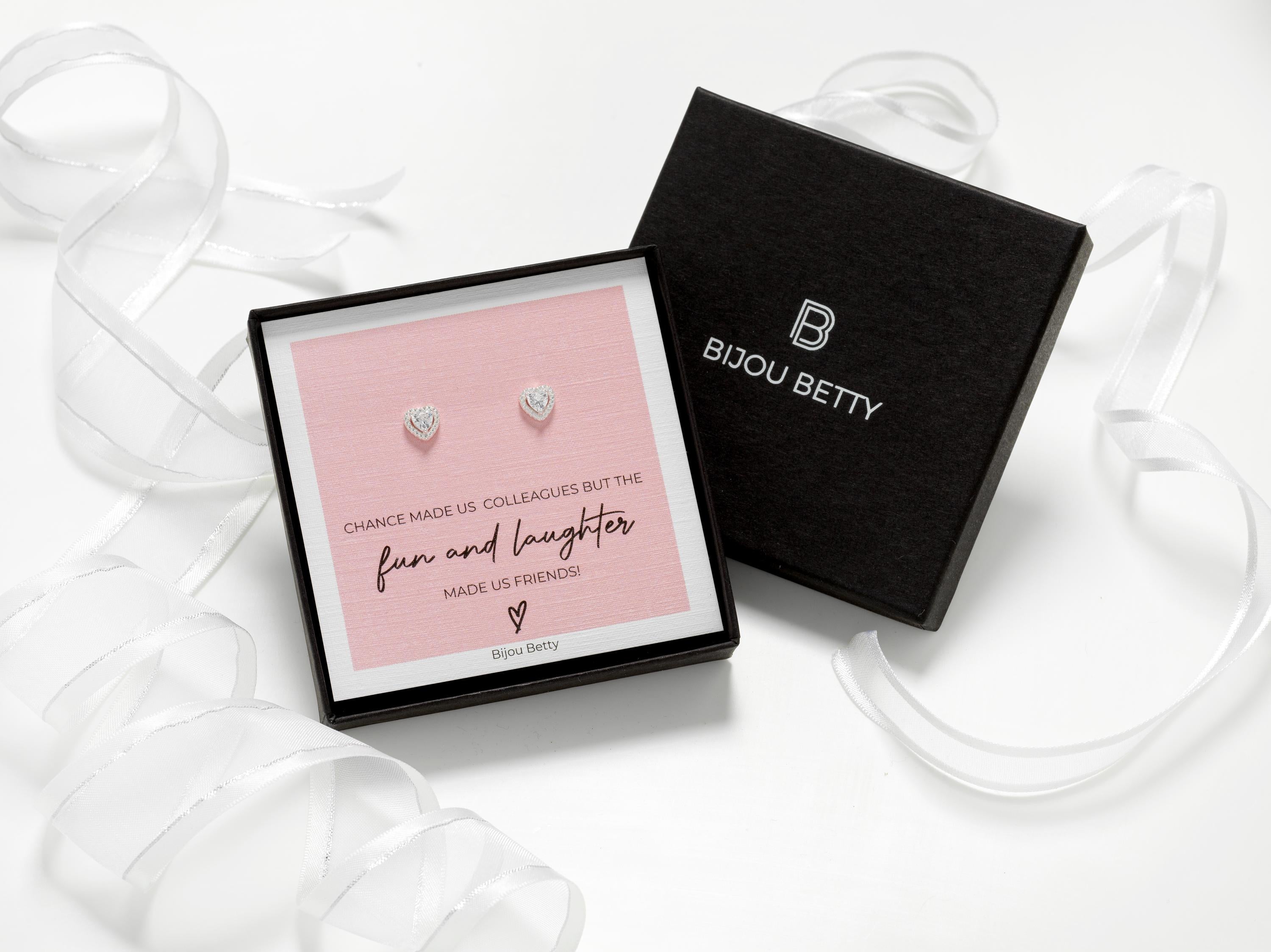 Sterling silver 7mm CZ heart stud earrings in Bijou Betty gift box with colleague card, ideal for thank-yous.
