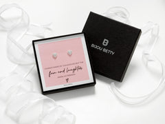 Sterling silver 7mm CZ heart stud earrings in Bijou Betty gift box with colleague card, ideal for thank-yous.