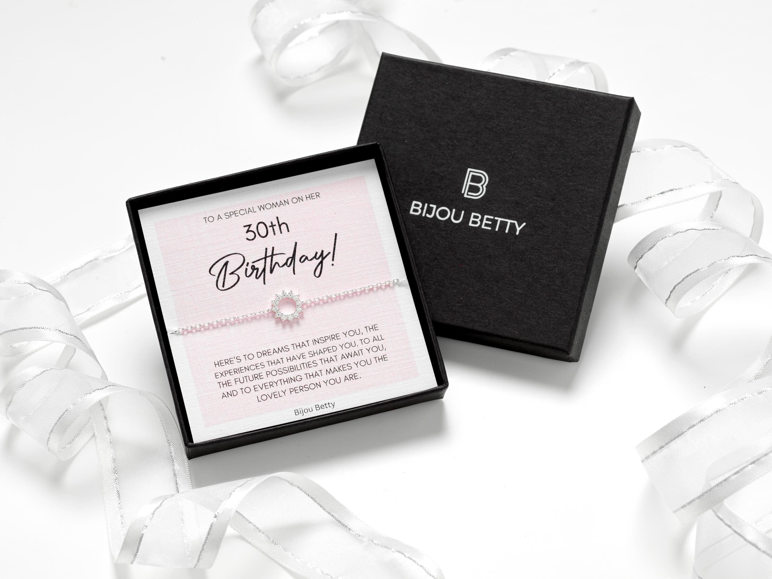 Sterling silver 30th birthday bracelet in Bijou Betty gift box.