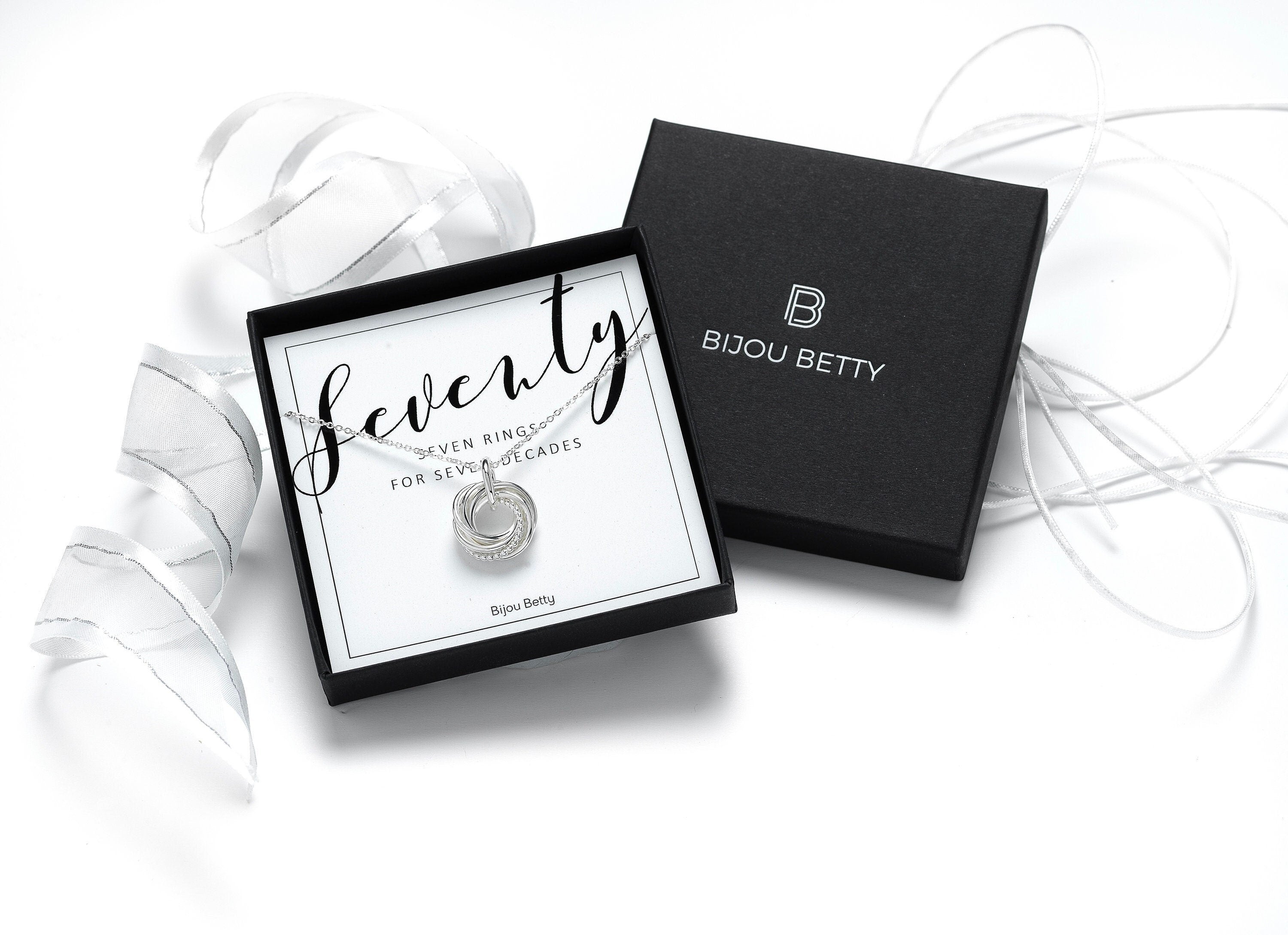 Sterling silver 70th birthday 7 ring necklace in Bijou Betty gift box.
