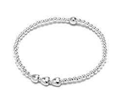 Close-up of Bijou Betty’s 925 silver 30th birthday bracelet with three heart pendants and 3mm beads, stretch-fit, on white background.
