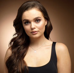 Model wearing sterling silver angel wing guardian necklace.