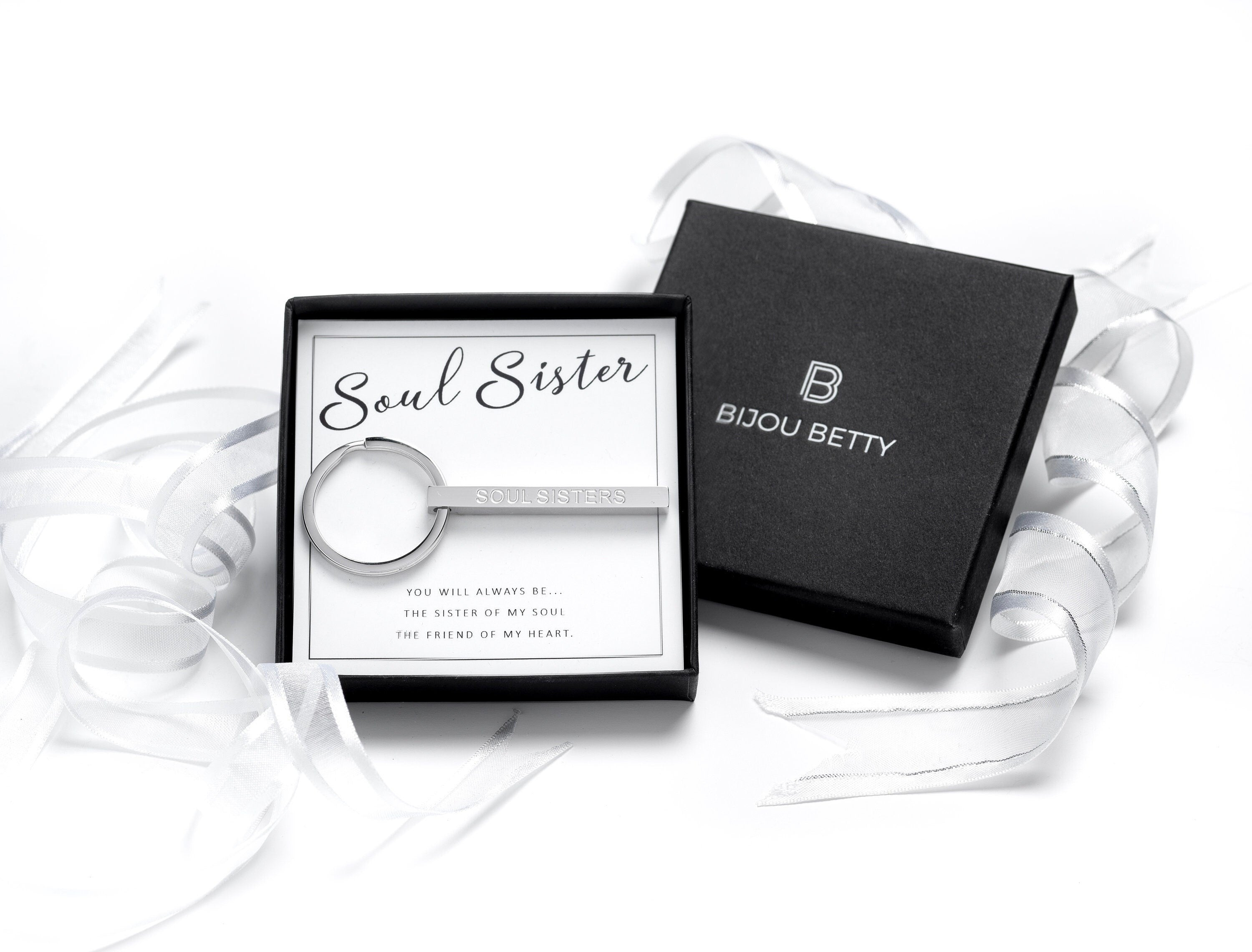 Stainless steel soul sister keyring in Bijou Betty gift box.