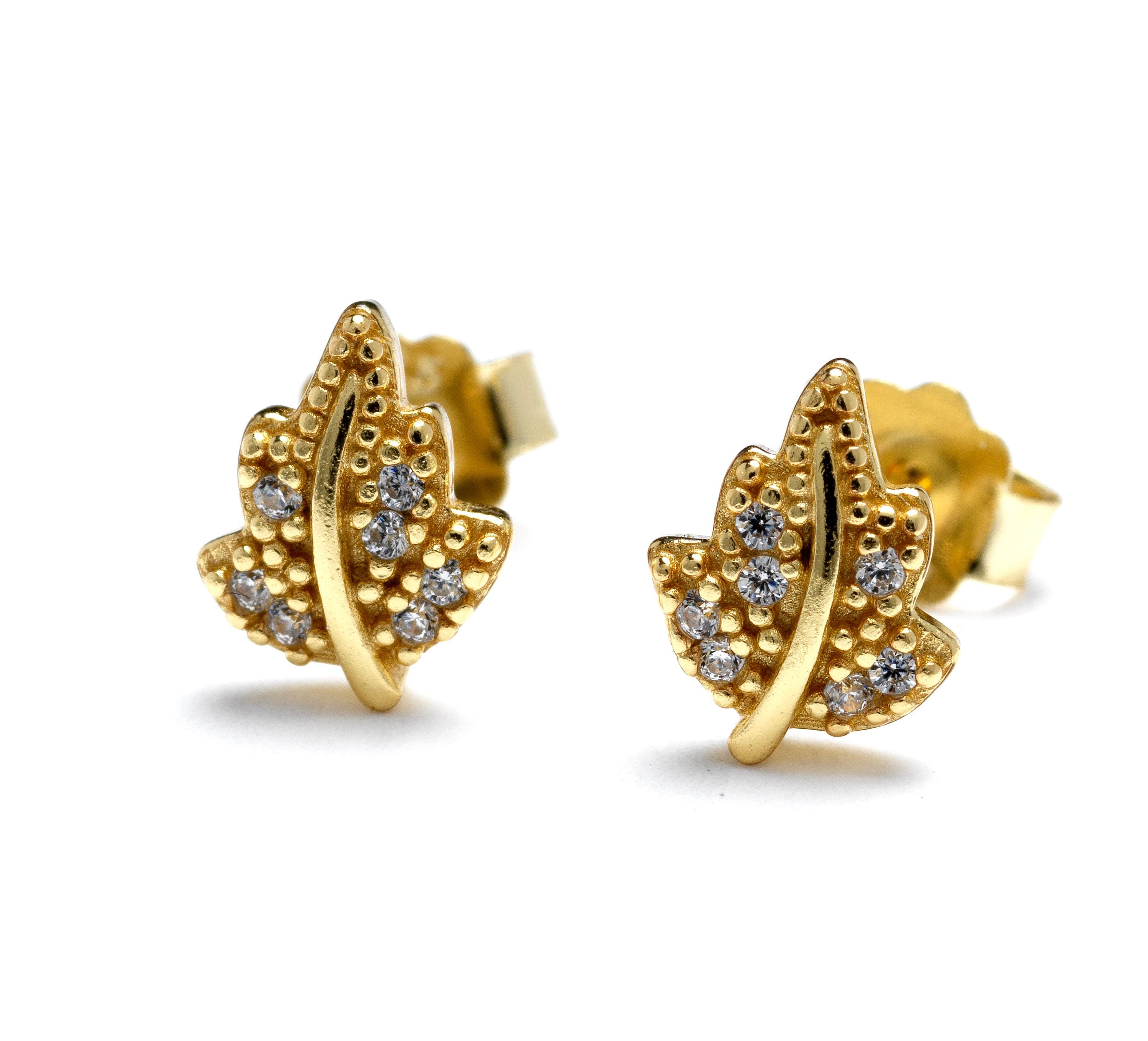 Gold plated leaf CZ stud earrings in Bijou Betty gift box.