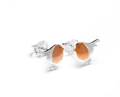 Close-up of Bijou Betty’s 925 sterling silver robin stud earrings with rose gold plating, 7mm x 9mm