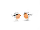 Sterling silver robin stud earrings with rose gold in Bijou Betty gift box.