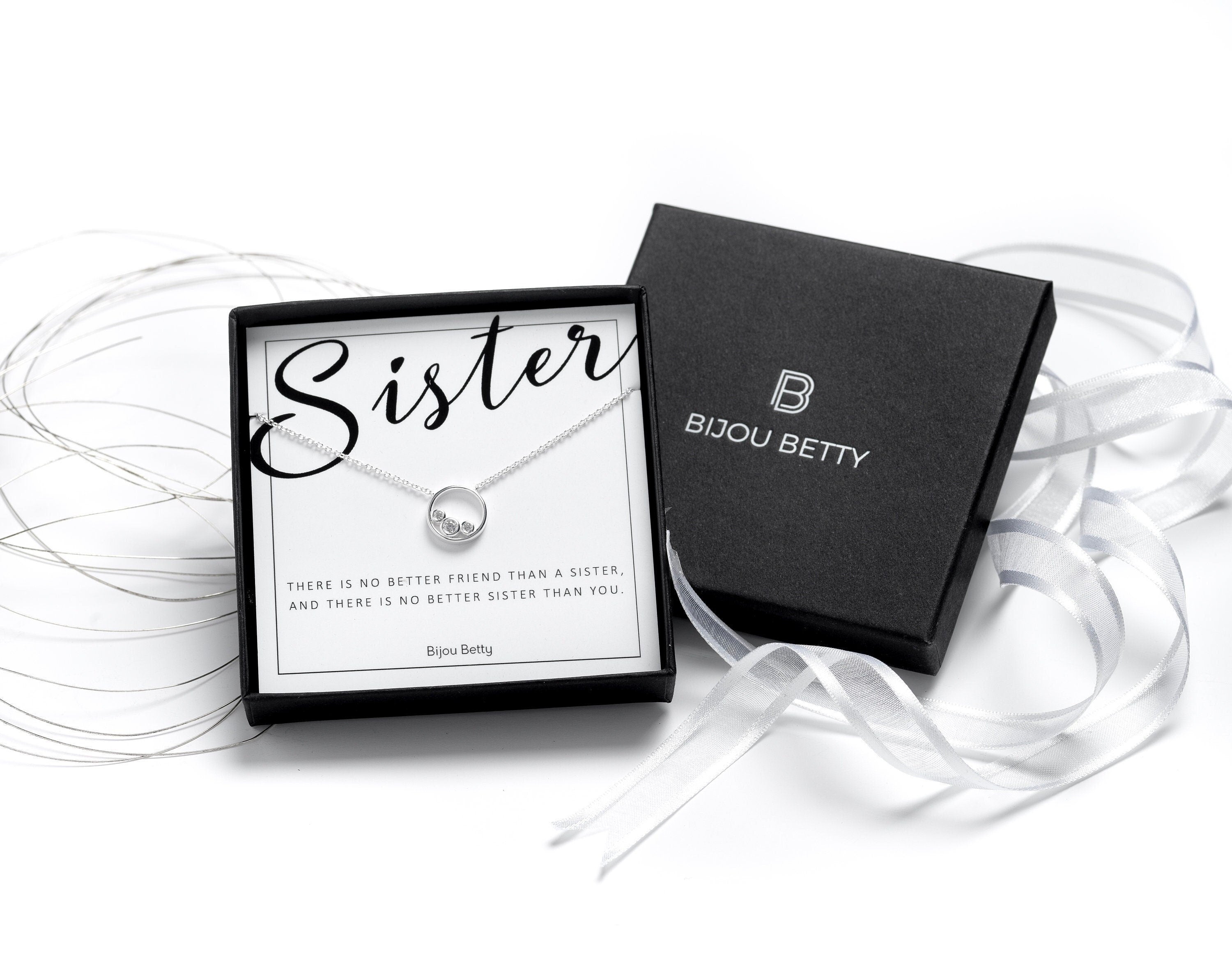Sterling silver sister circle necklace with CZ in Bijou Betty gift box.