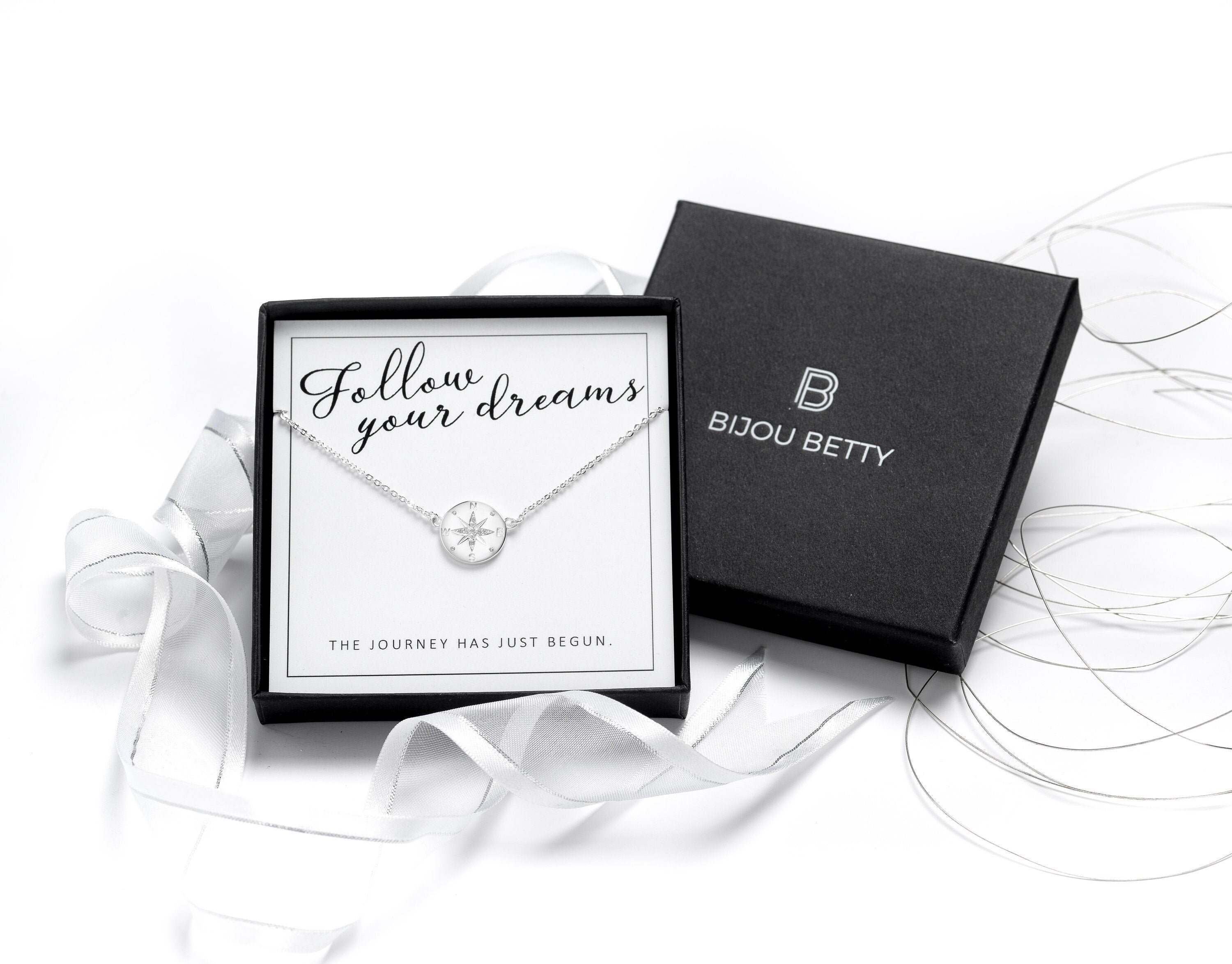 Sterling silver compass necklace in Bijou Betty gift box.