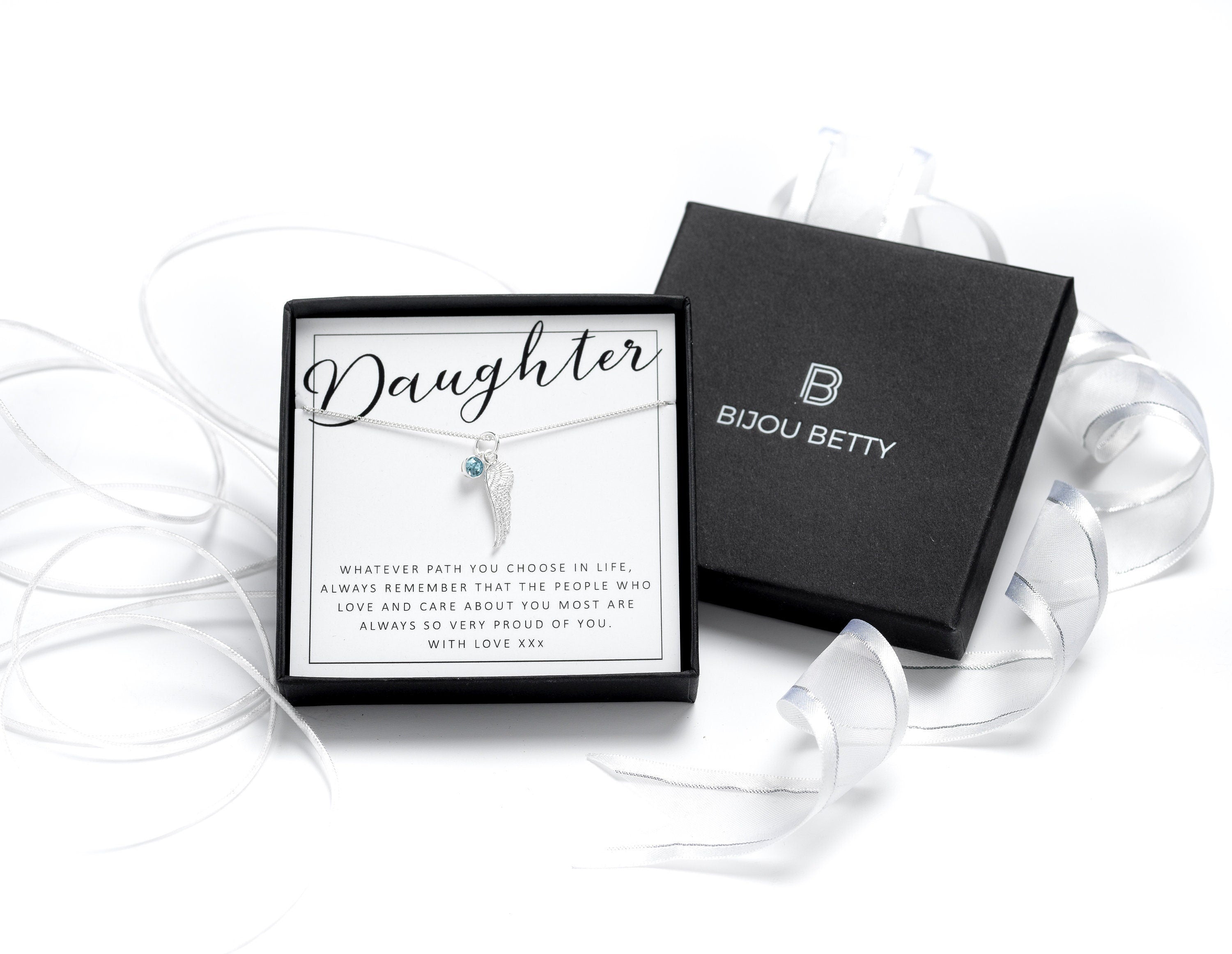 Daughter Necklace, Birthstone Necklace, Silver Feather Necklace, Daughter Gift From Mum, Gift For Daughter