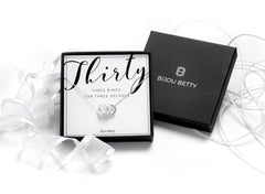 Sterling silver 30th birthday decades necklace with 3 rings in Bijou Betty gift box.