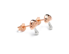 Sterling silver mushroom earrings with rose gold in Bijou Betty gift box.