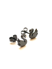 Sterling silver black swan stud earrings with black plating.