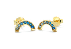 Sterling silver with gold plating rainbow CZ stud earrings with ombre blue in Bijou Betty gift box.