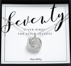 Sterling silver 70th birthday 7 ring necklace in Bijou Betty gift box.