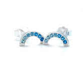 Sterling silver rainbow CZ stud earrings with ombre blue in Bijou Betty gift box.
