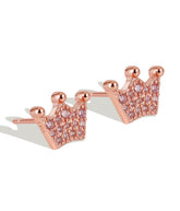 Sterling silver crown stud earrings with rose gold platings and CZ stones in Bijou Betty gift box.