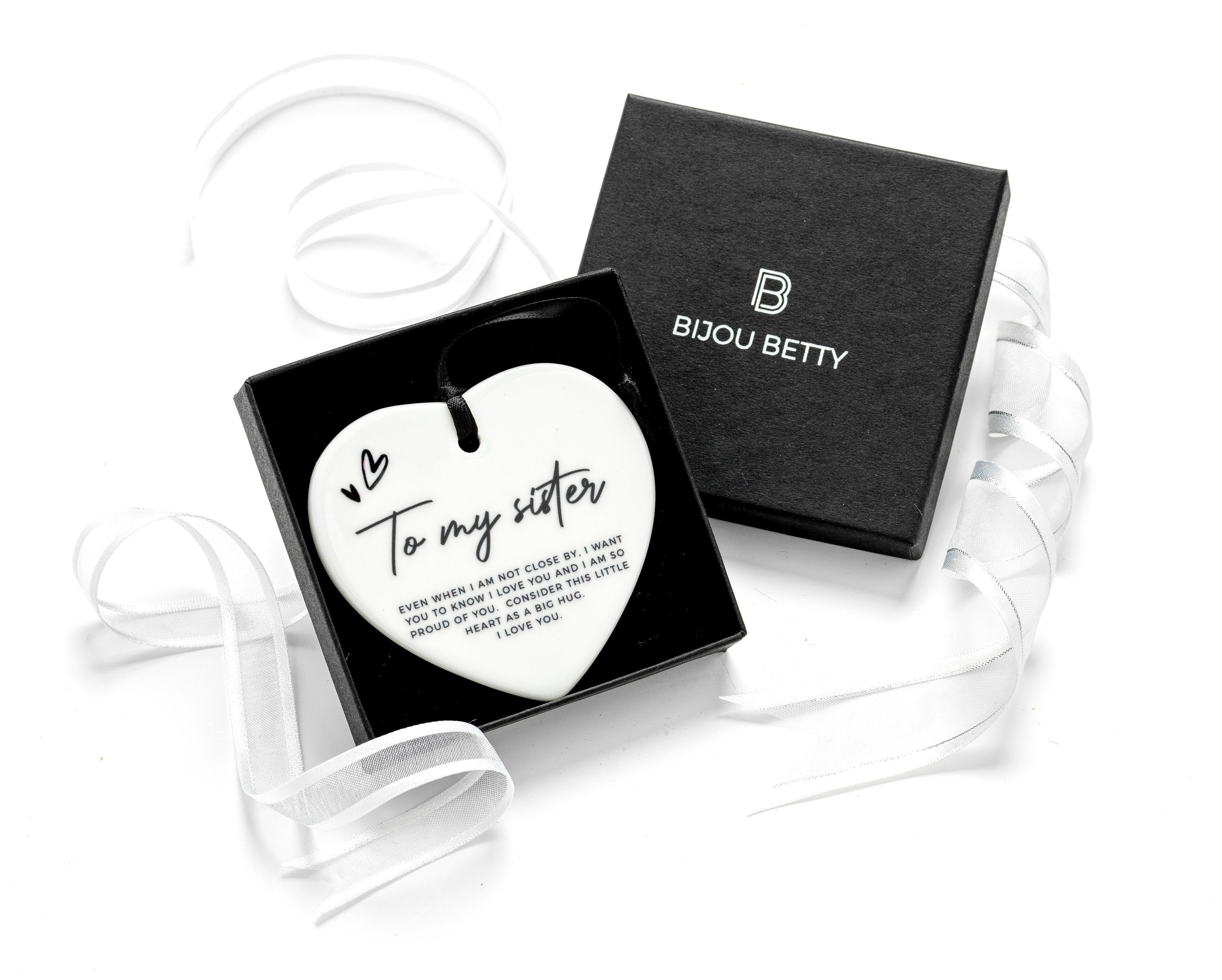 Ceramic sister heart keepsake with optional Bijou Betty gift box.