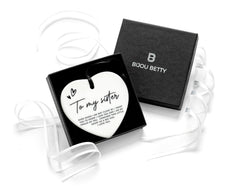 Ceramic sister heart keepsake with optional Bijou Betty gift box.