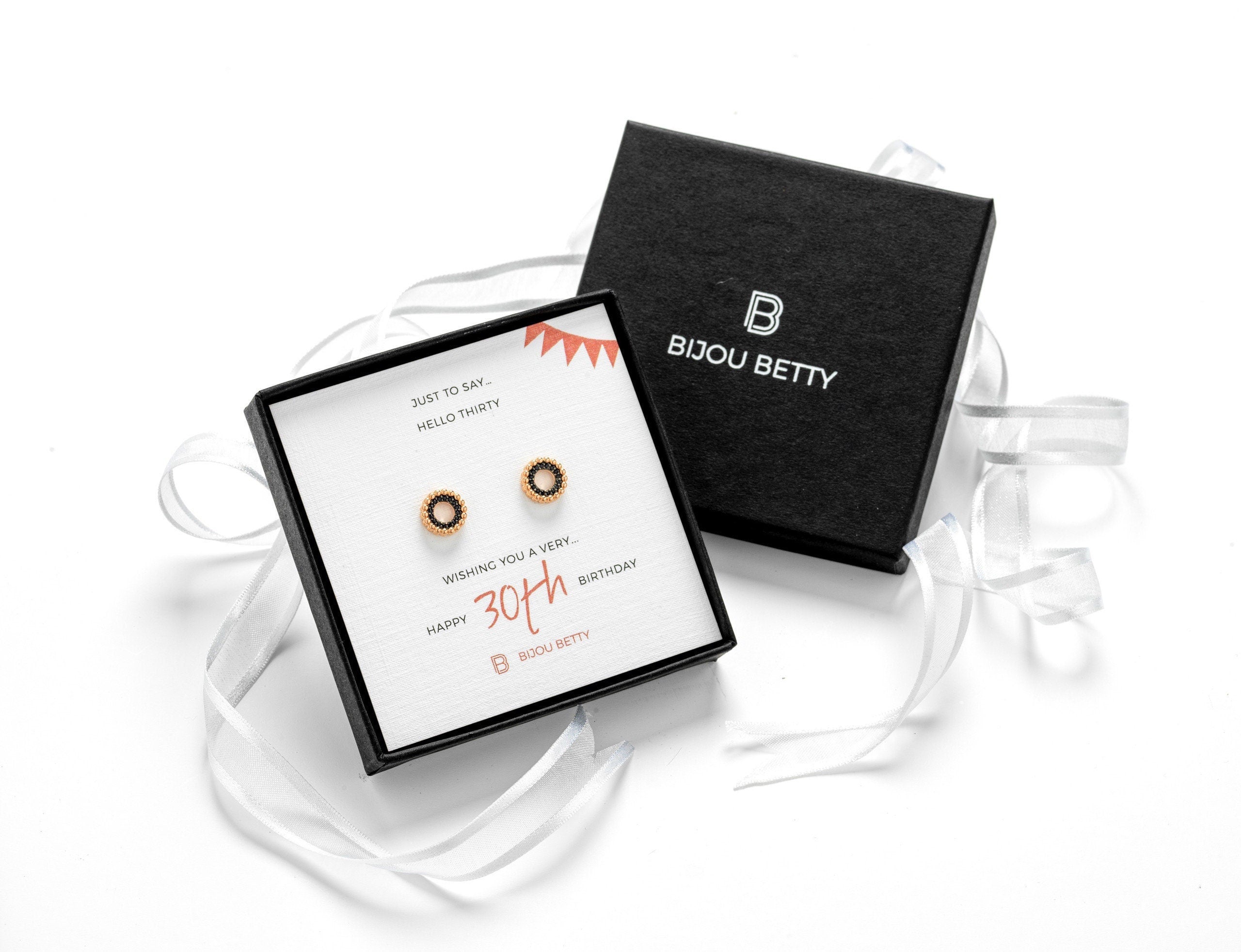 Sterling silver 30th birthday earrings in Bijou Betty gift box.