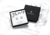 Sterling silver 30th birthday CZ earrings in Bijou Betty gift box.