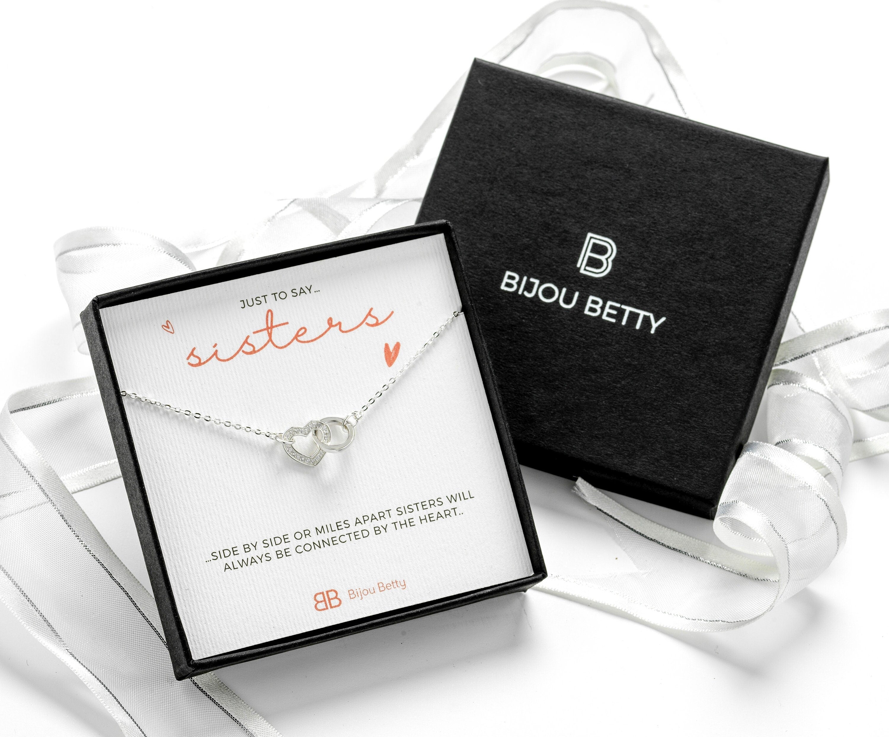 Sterling silver heart necklace sister gift in Bijou Betty gift box.