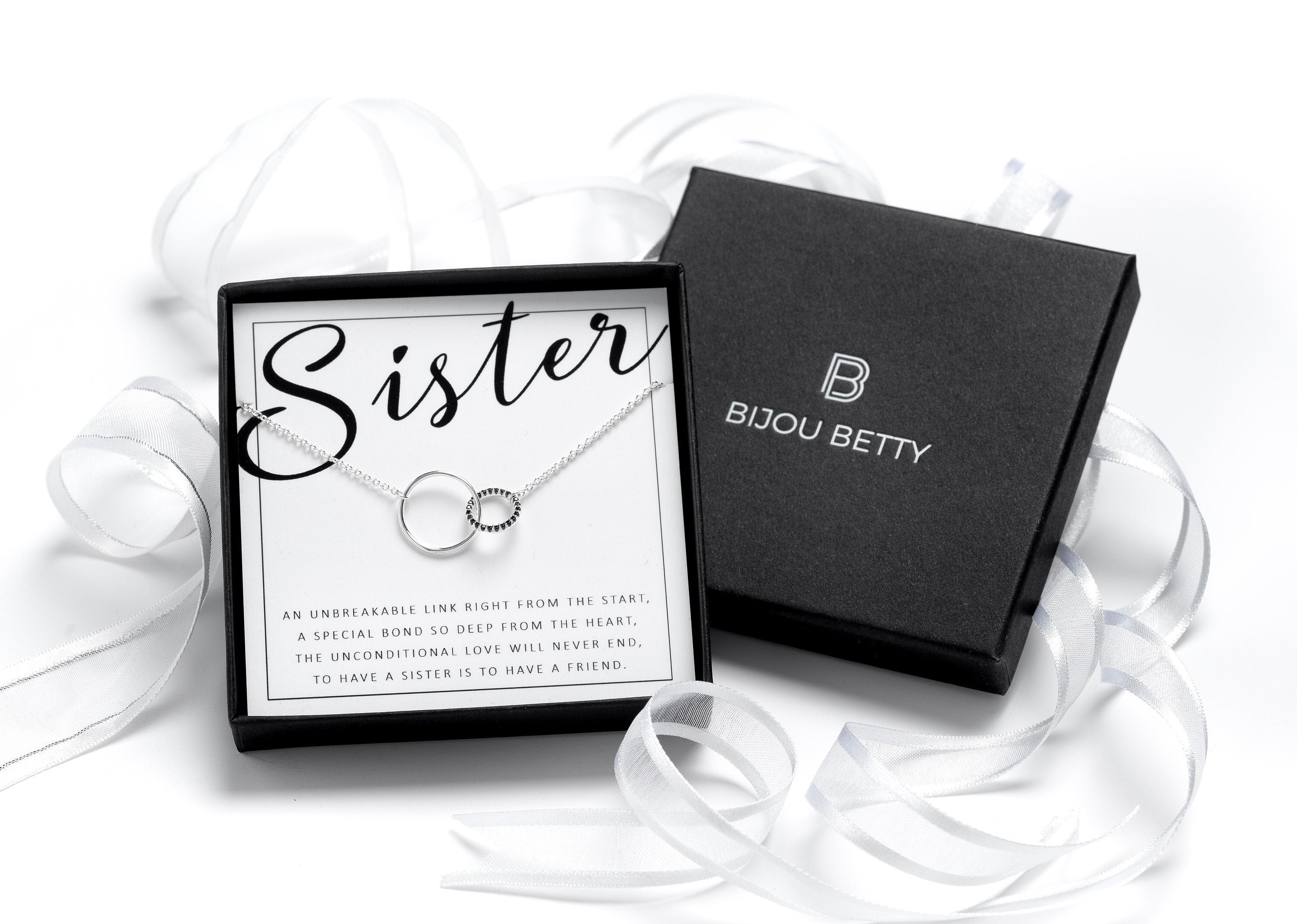 Sterling silver sisters 2 interlocking circles necklace in Bijou Betty gift box.