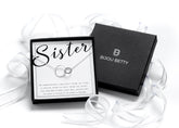 Sterling silver sisters 2 interlocking circles necklace in Bijou Betty gift box.