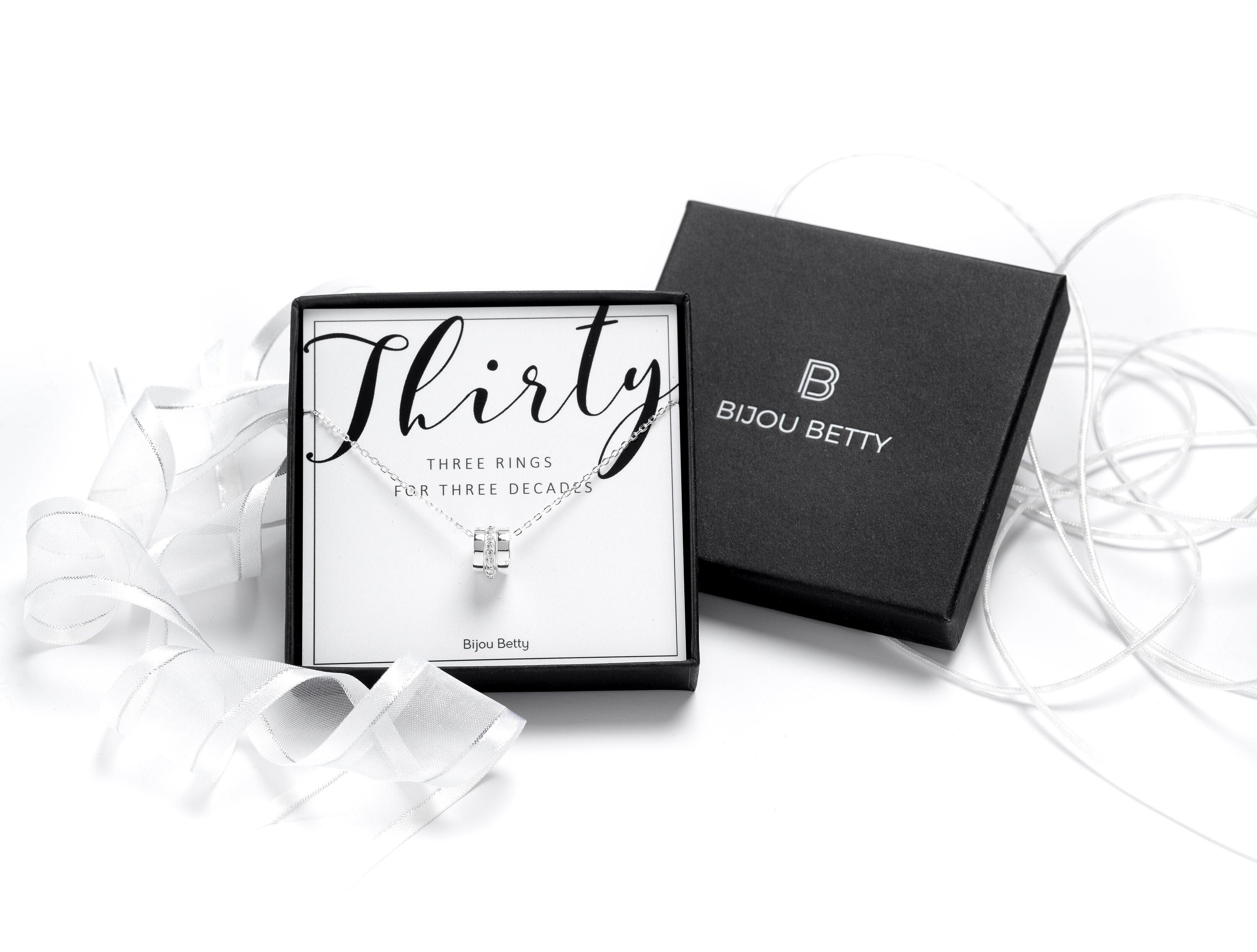 Sterling silver 30th birthday necklace in Bijou Betty gift box.