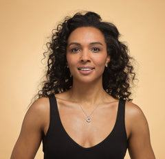 Model wearing sterling silver 40th birthday 4 ring necklace.