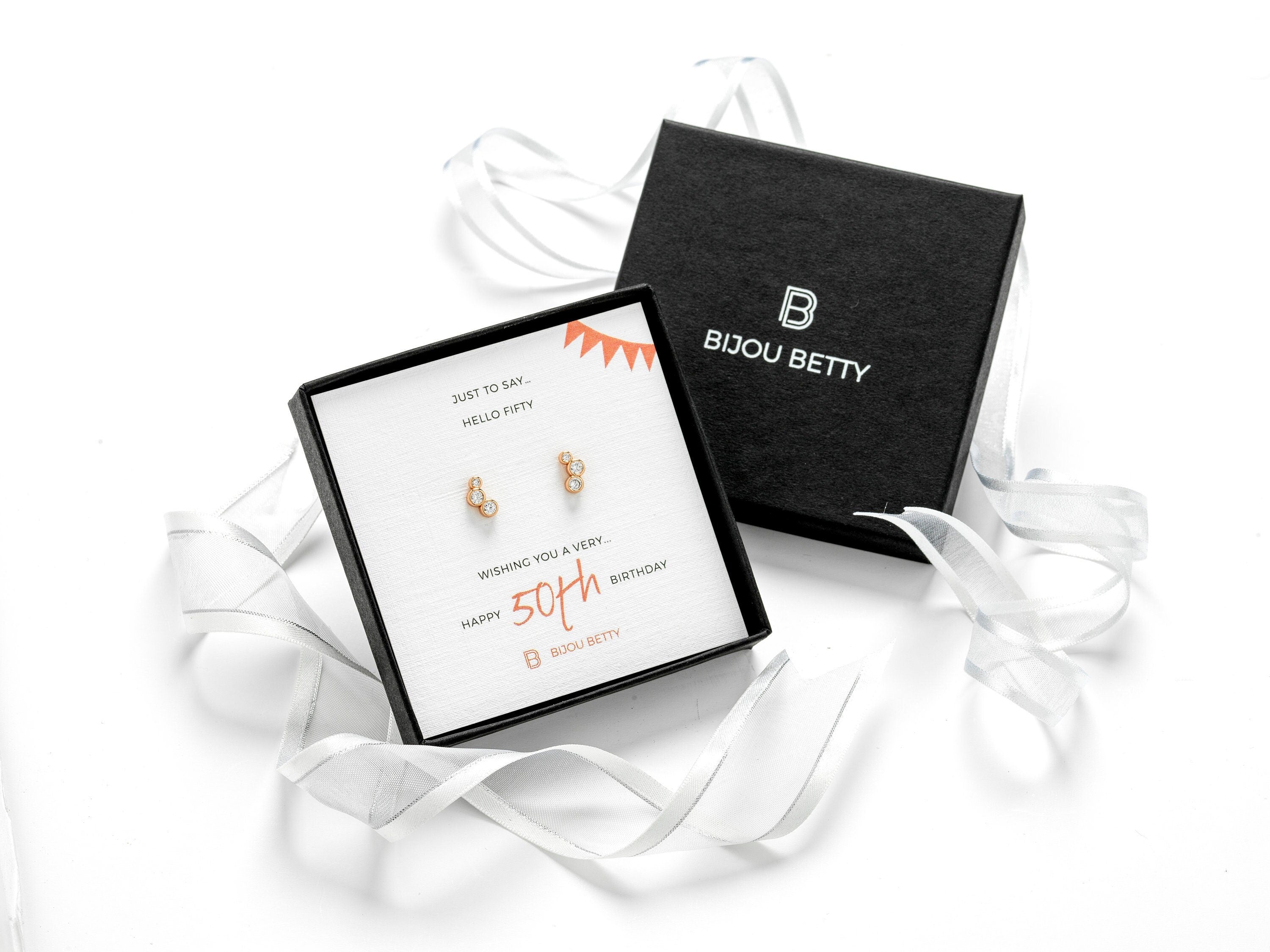 Sterling silver 50th birthday CZ earrings in Bijou Betty gift box.
