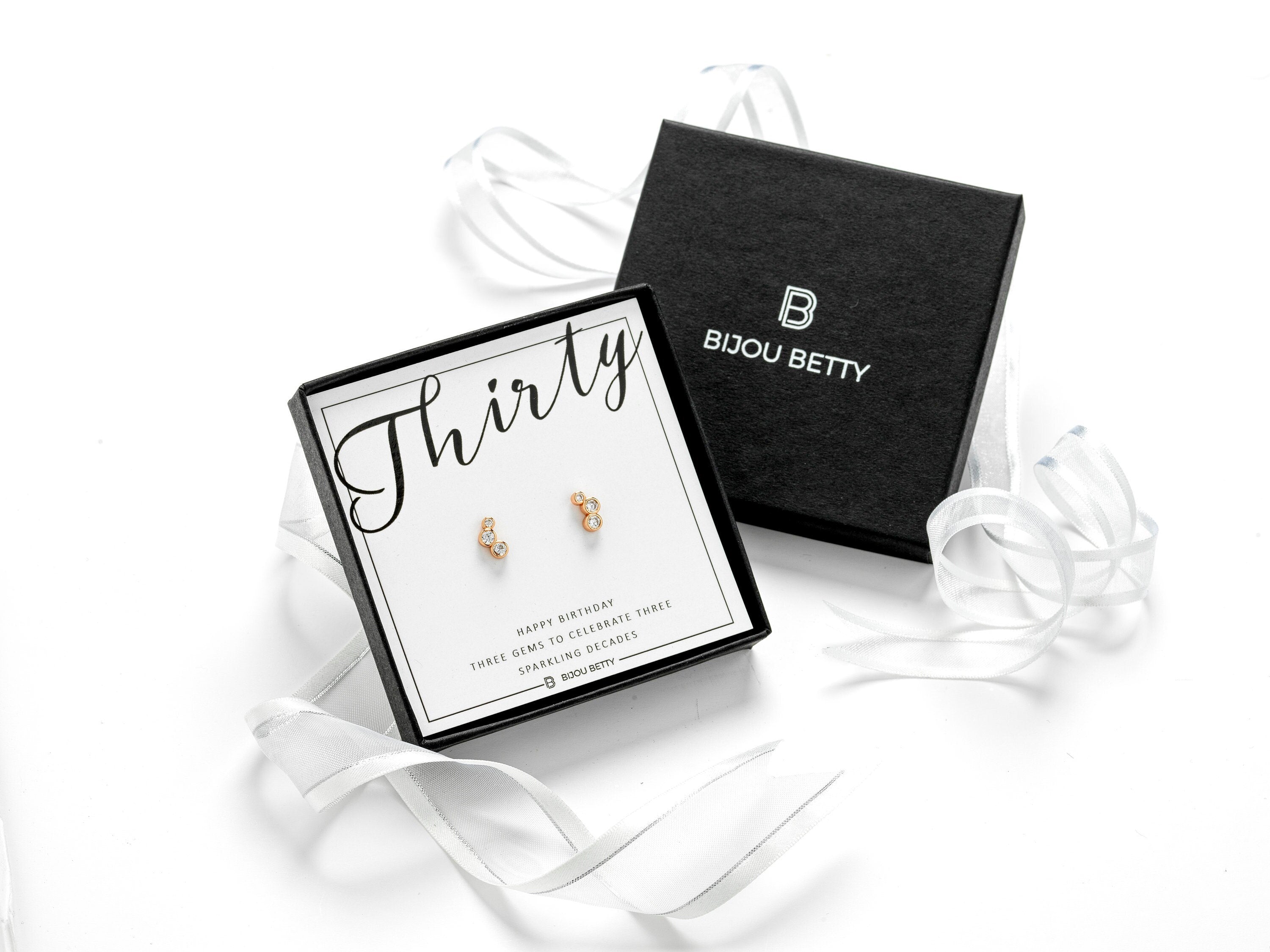 Sterling silver 30th birthday CZ earrings in Bijou Betty gift box.