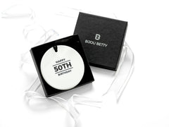 Ceramic 50th birthday keepsake ornament in gift box.