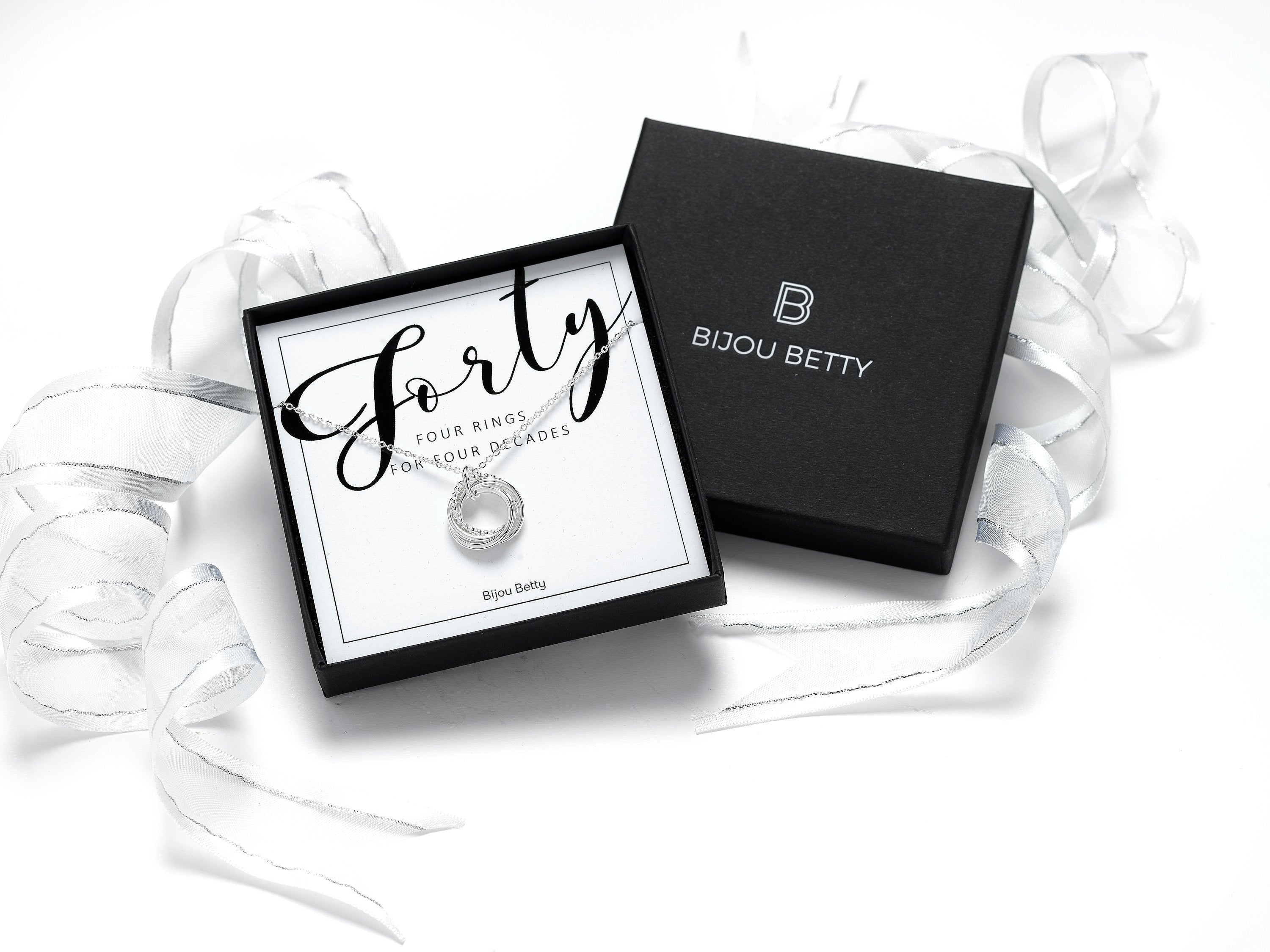 Sterling silver 40th birthday 4 ring necklace in Bijou Betty gift box.