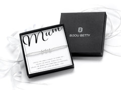 Sterling silver mum heart bracelet in Bijou Betty gift box.
