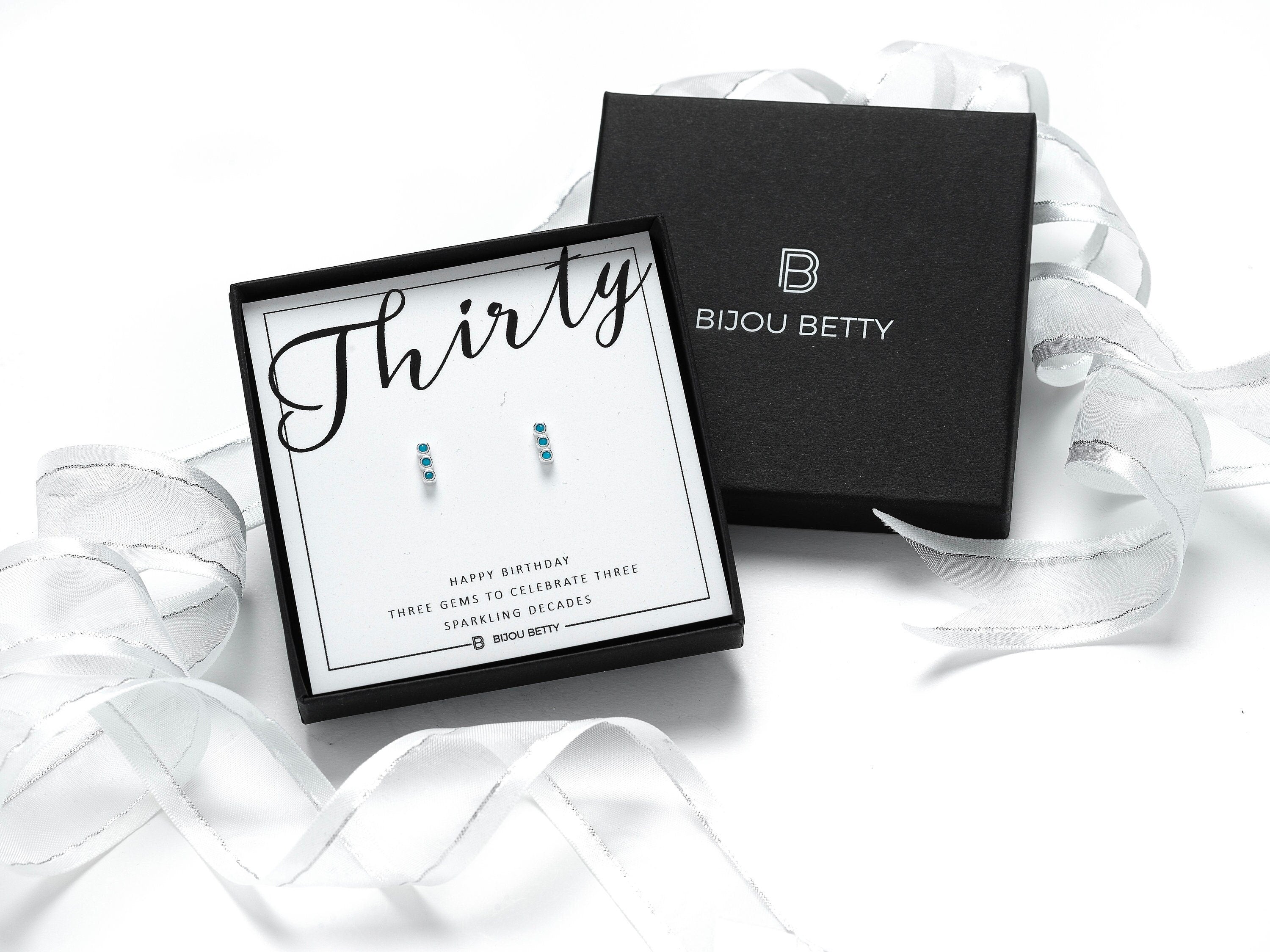 Sterling silver 30th birthday turquoise earrings in Bijou Betty gift box.