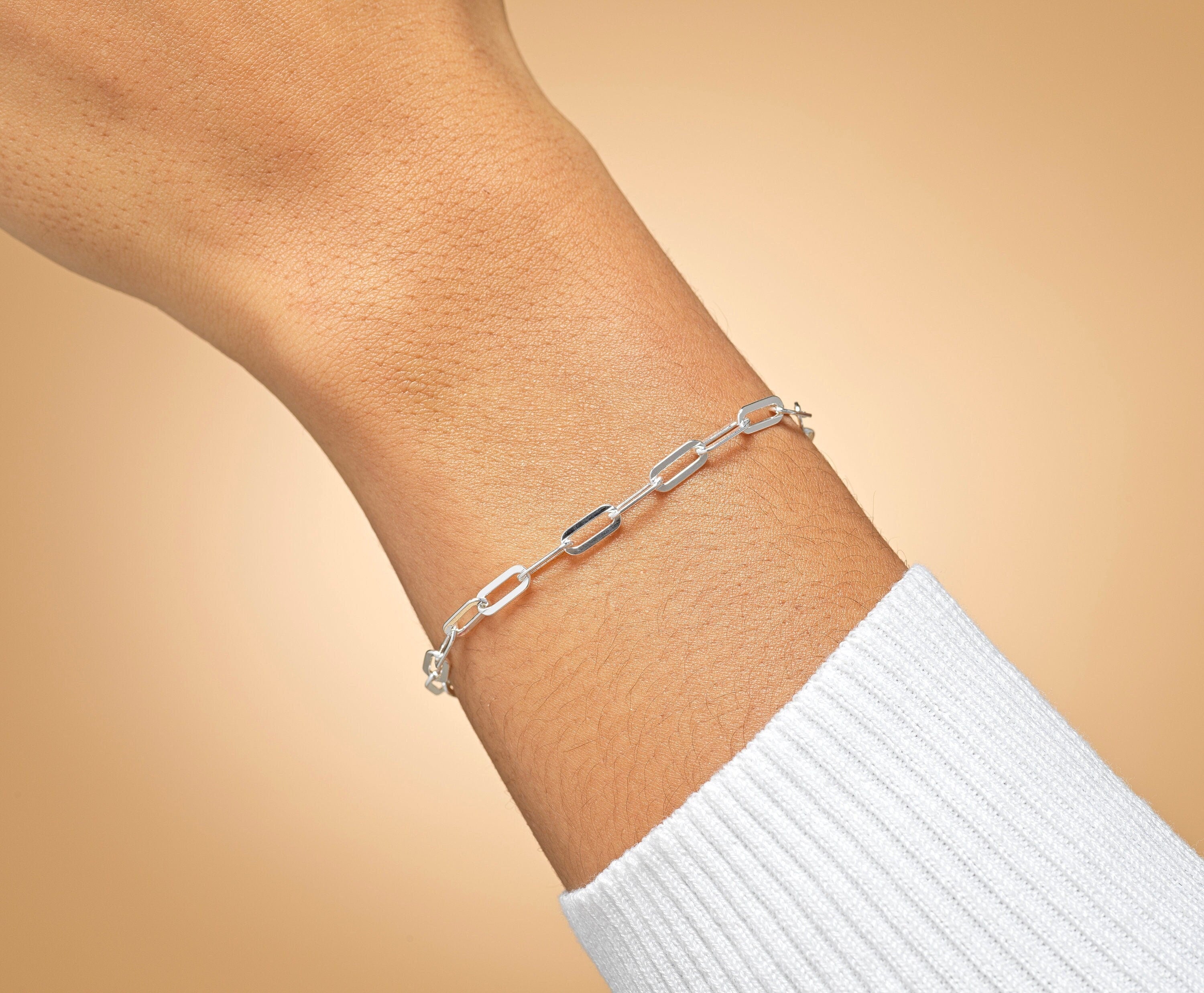 Silver Paperclip Link Chain Bracelet, 925 Sterling Silver, Dainty Paper Clip Link Chain, Women's Bracelet, Gift for Her, Minimalist Bracelet