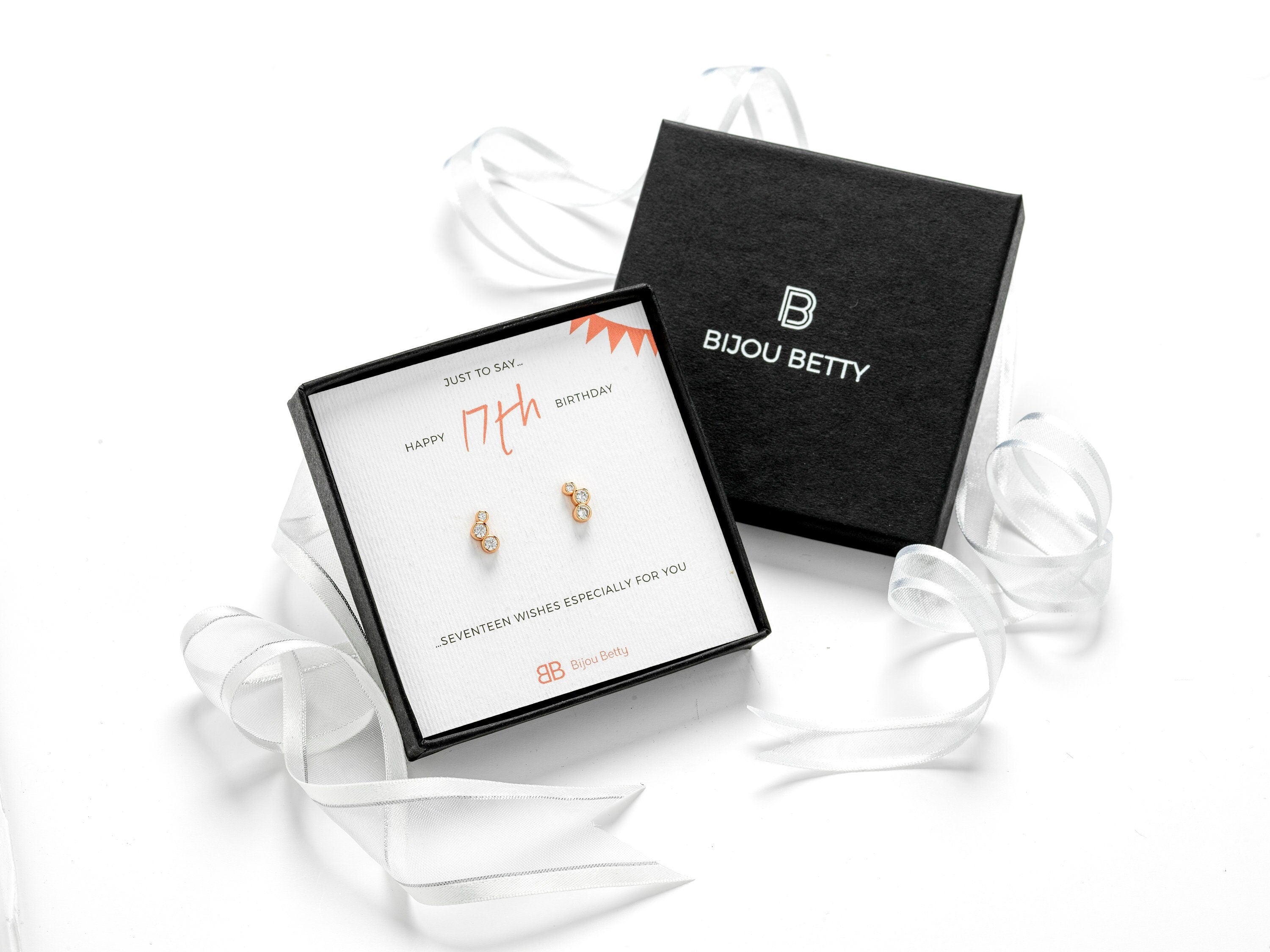 Sterling silver 17th birthday earrings in Bijou Betty gift box.