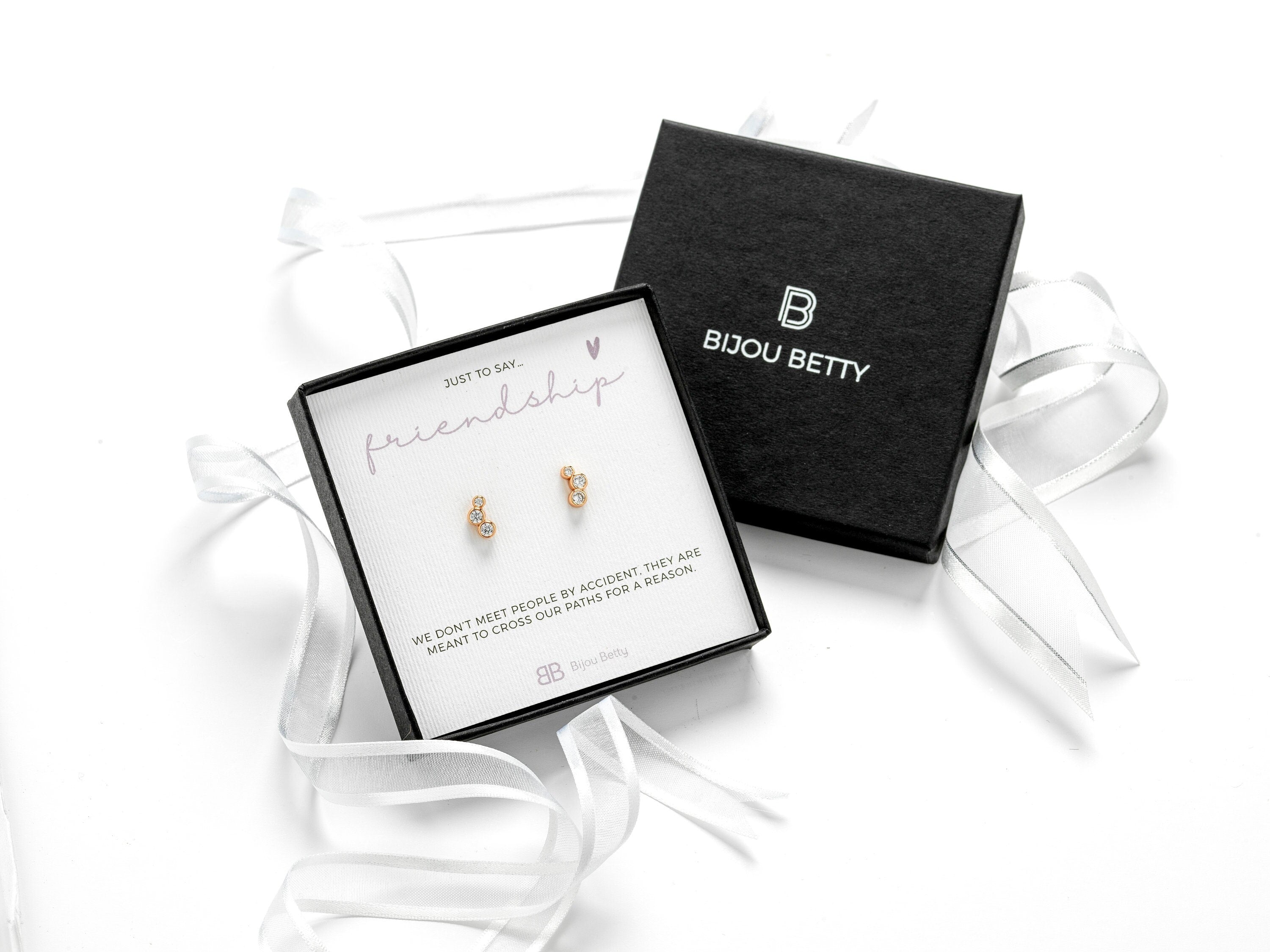 Sterling silver best friend CZ earrings in Bijou Betty gift box.