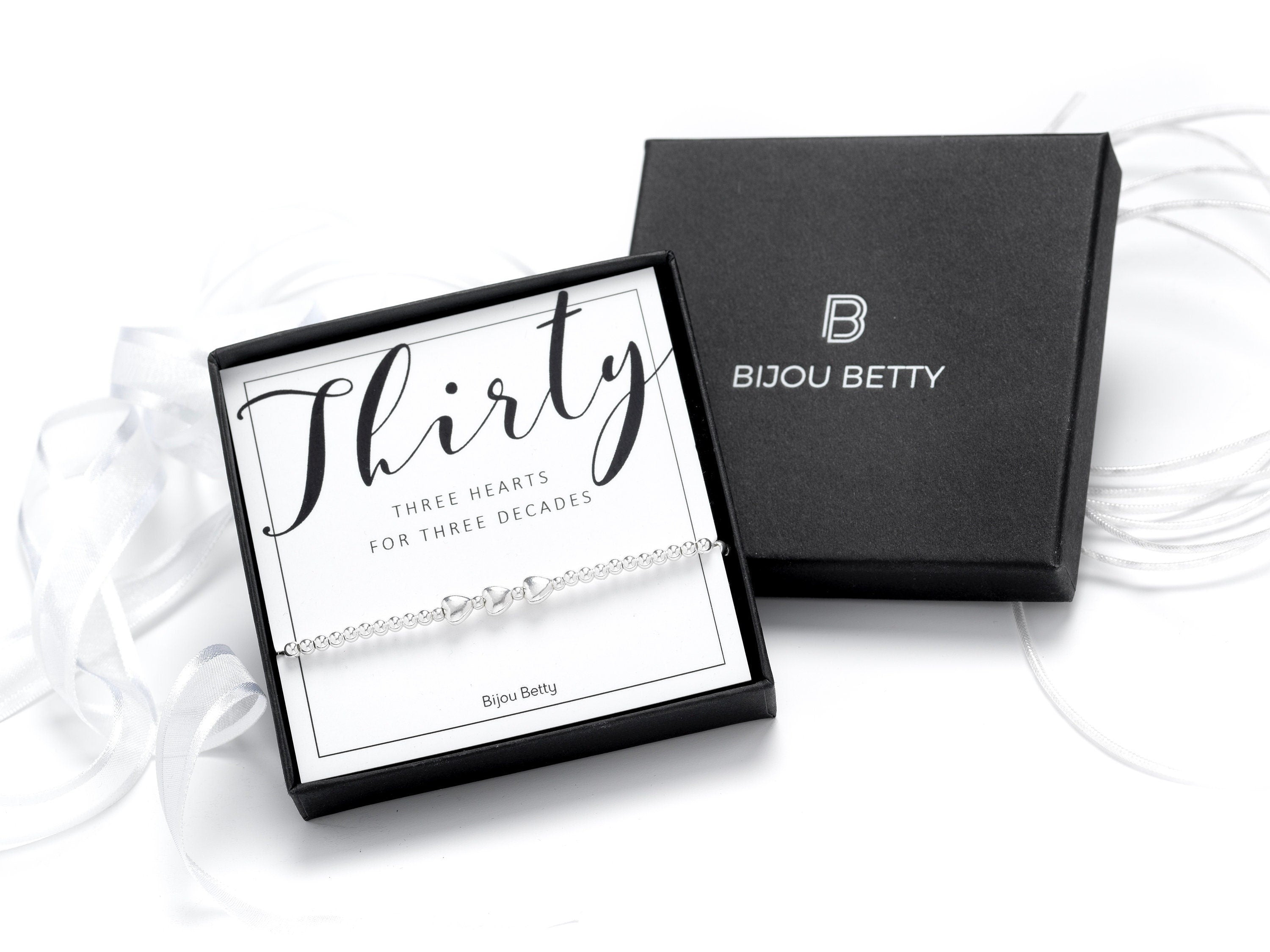 Sterling silver 30th birthday bracelet in Bijou Betty gift box.
