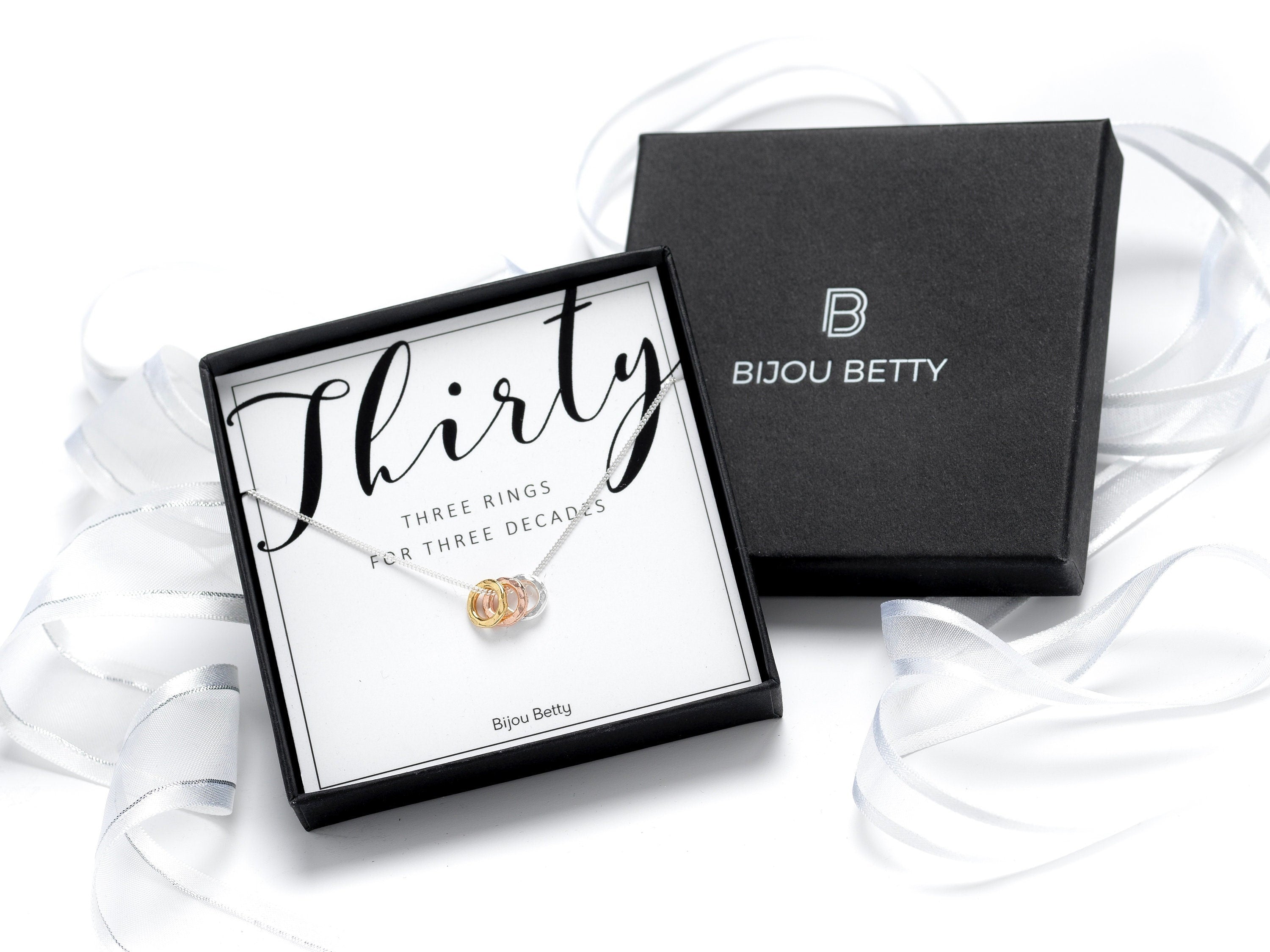 Sterling silver 30th birthday necklace in Bijou Betty gift box.