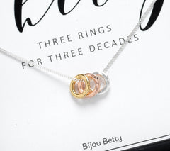 Sterling silver 30th birthday circle necklace with three rings.
