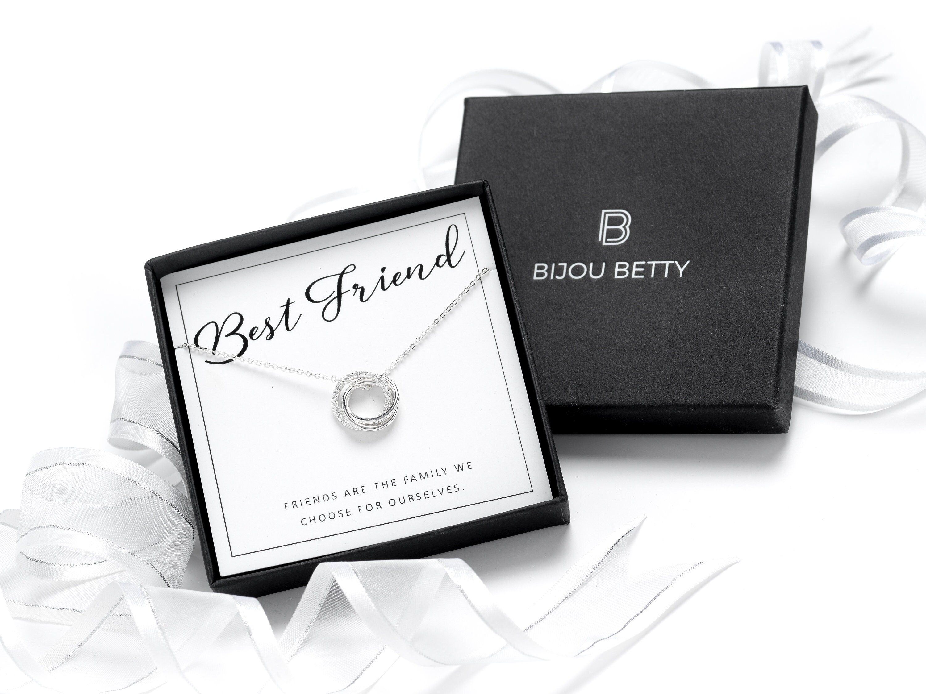 Sterling silver friendship necklace with three-ring pendant in Bijou Betty gift box.