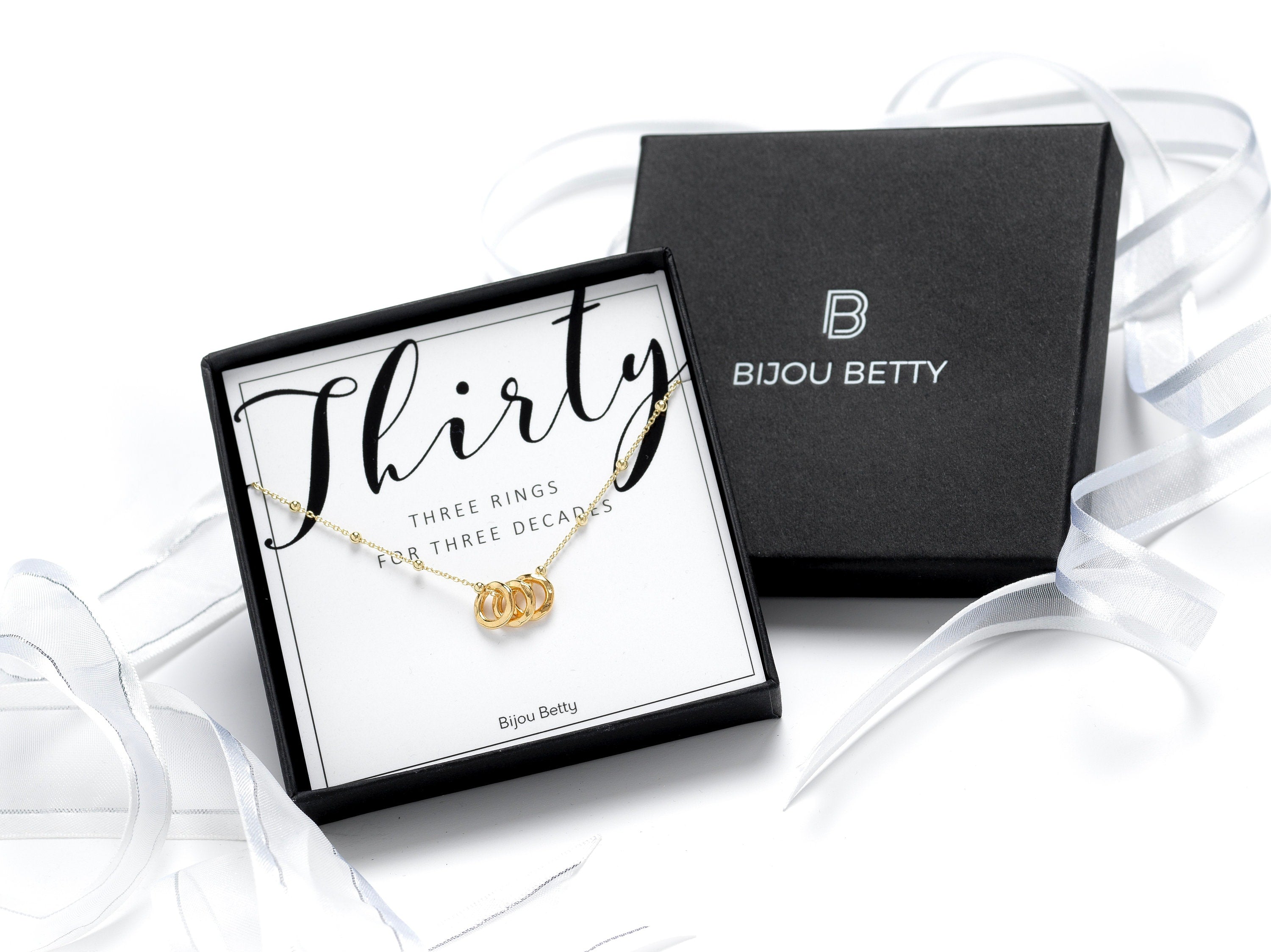 Gold plated 30th birthday necklace in Bijou Betty gift box.