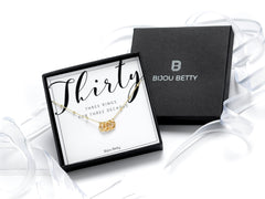 Gold plated 30th birthday necklace in Bijou Betty gift box.