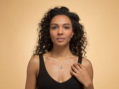 Model wearing sterling silver 70th birthday 7 ring necklace.