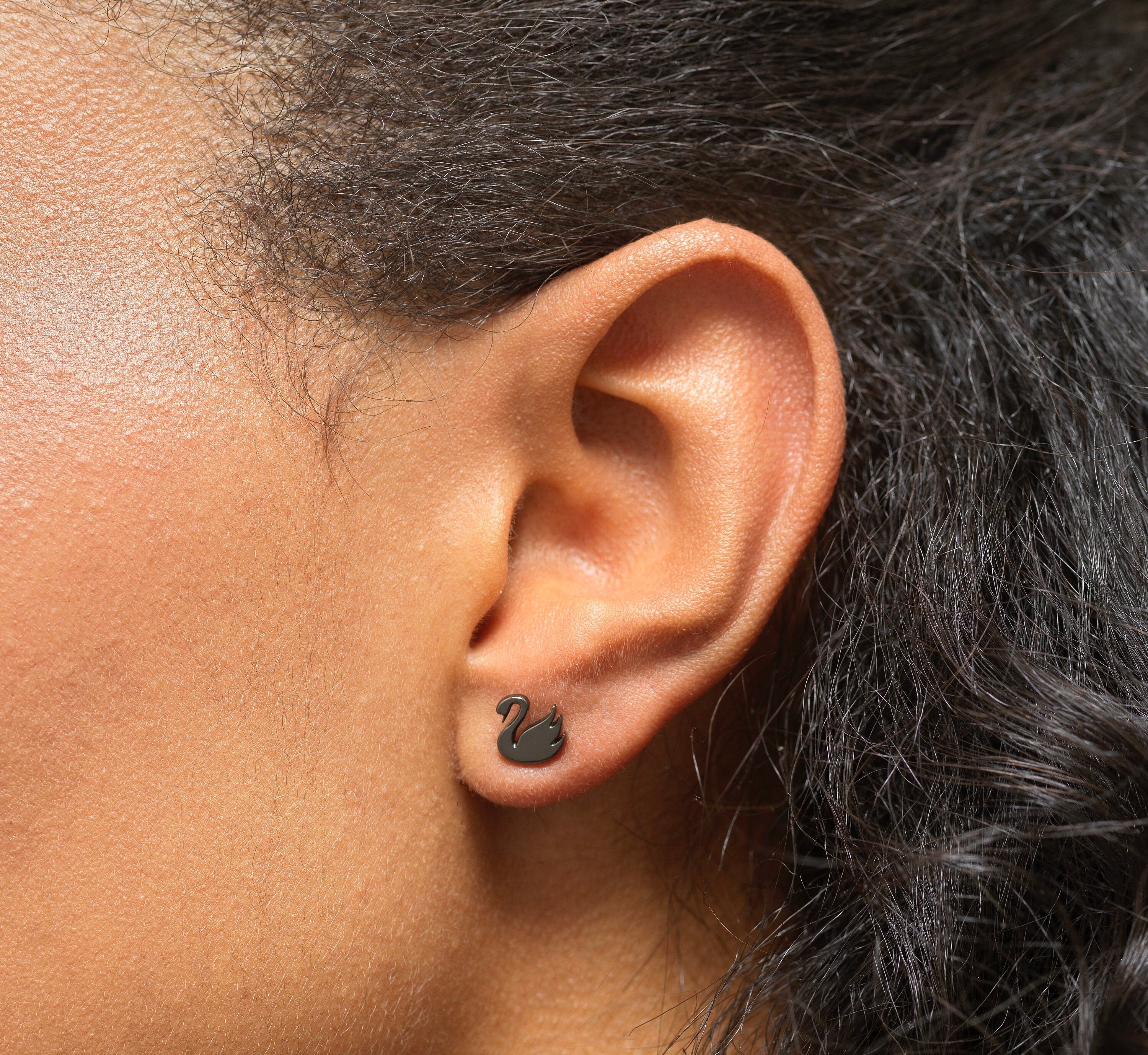 Black Swan Stud Earrings in Solid Sterling Silver with Black Plating.